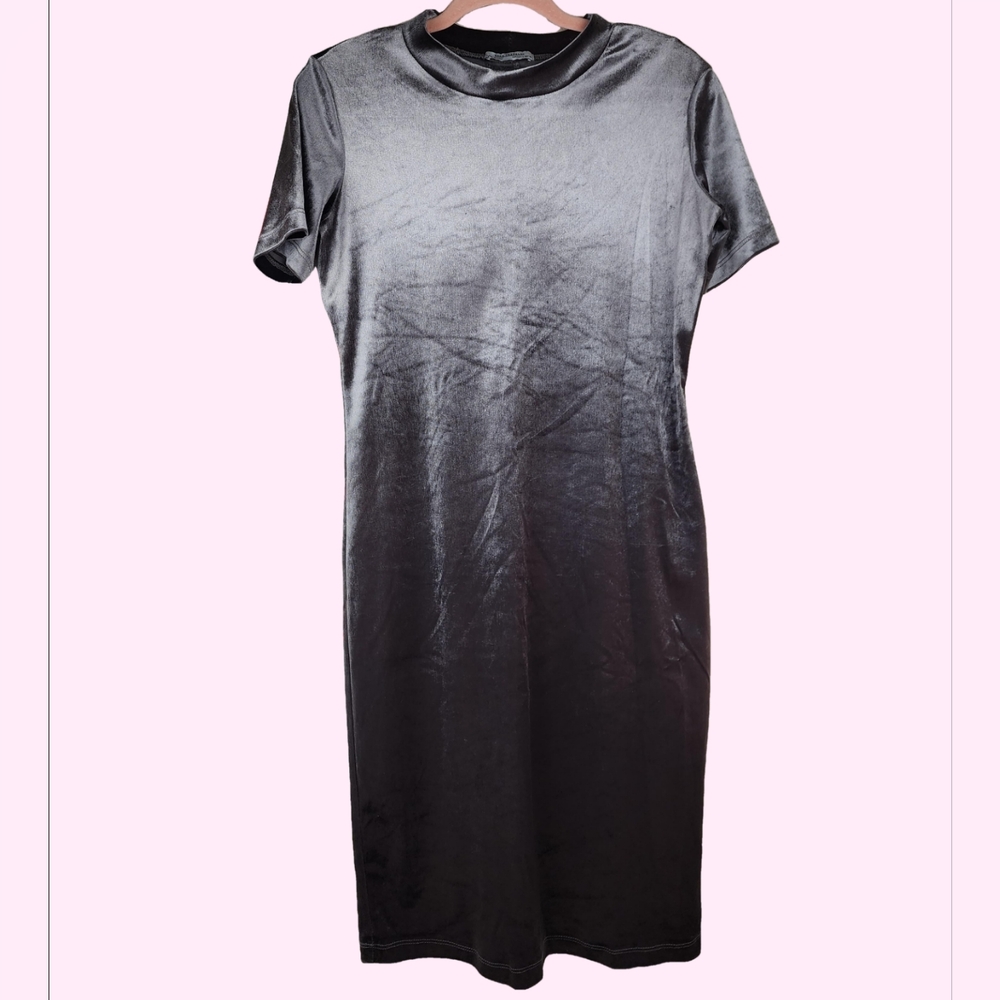Zara Dark Taupe Stretchy Short Sleeve Mock Neck Velvet Bodycon Midi Dress Large